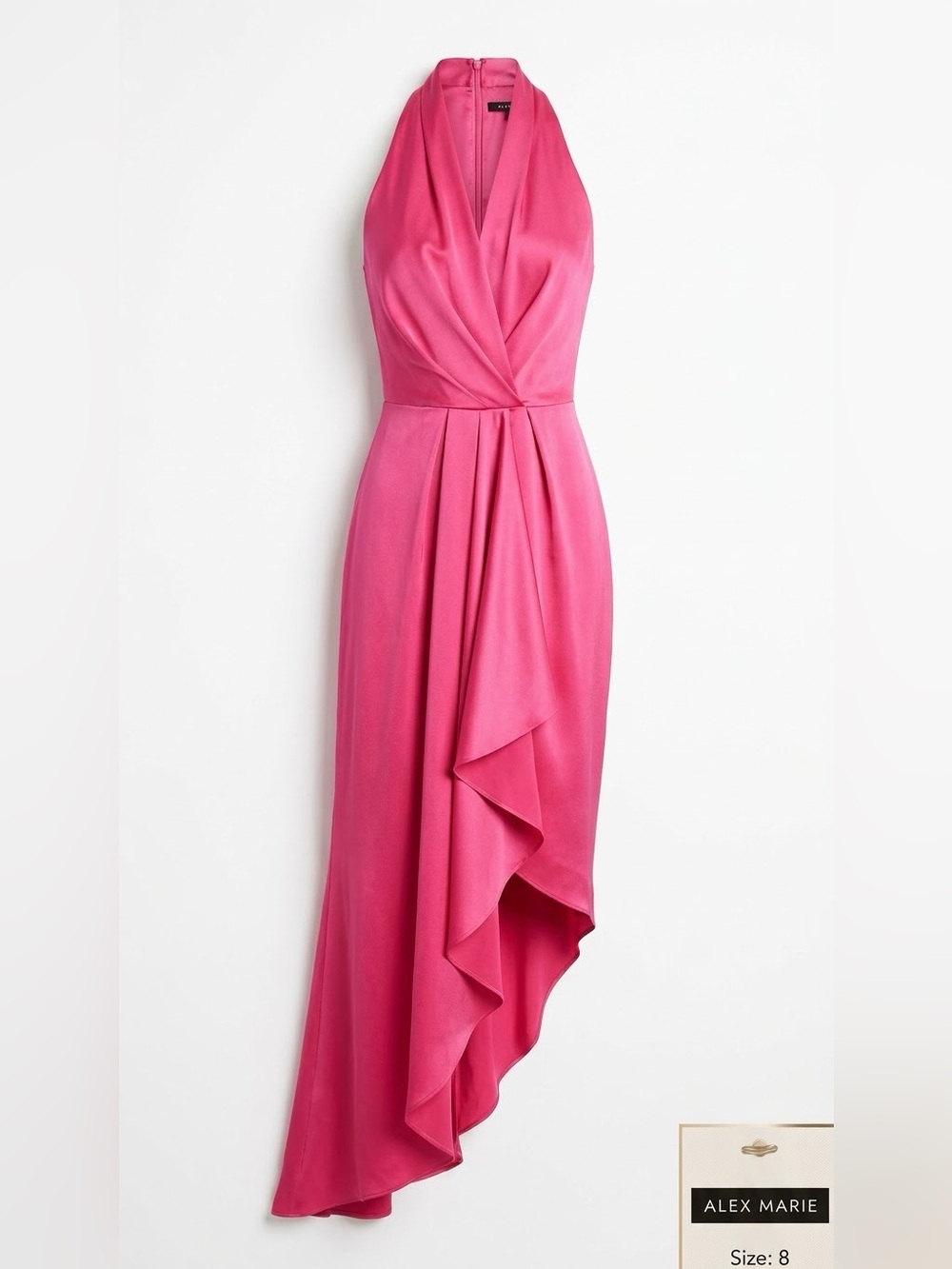 Alex Marie Hazel Satin Cosmo Pink Halter Asymmetrical Draped Dress 8 NWT